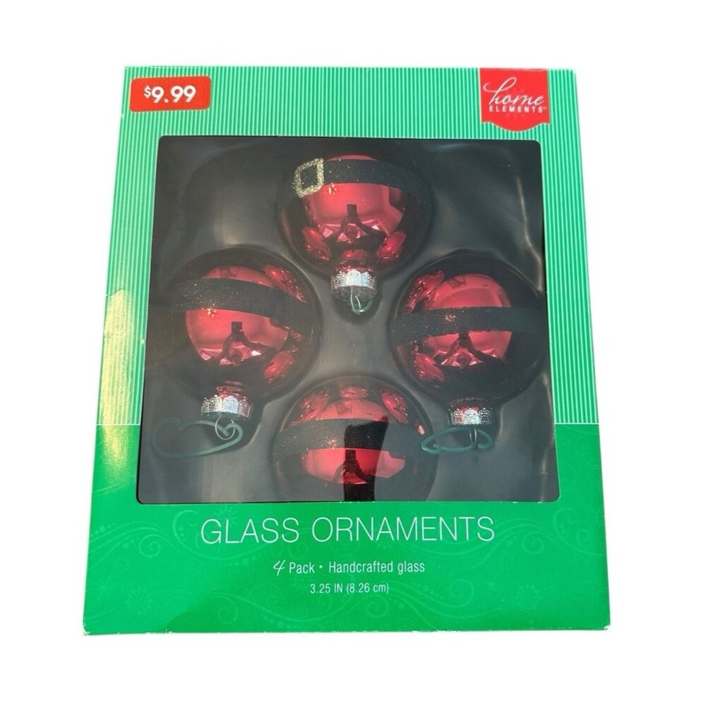 Home Elements Santa Belly Handcrafted Glass Ornaments 4 Pack 2013 Red Black